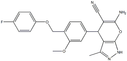 6-amino-4-{4-[(4-fluorophenoxy)methyl]-3-methoxyphenyl}-3-methyl-1,4-dihydropyrano[2,3-c]pyrazole-5-carbonitrile Structure