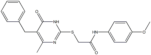 2-[(5-benzyl-4-methyl-6-oxo-1,6-dihydro-2-pyrimidinyl)sulfanyl]-N-(4-methoxyphenyl)acetamide 化学構造式