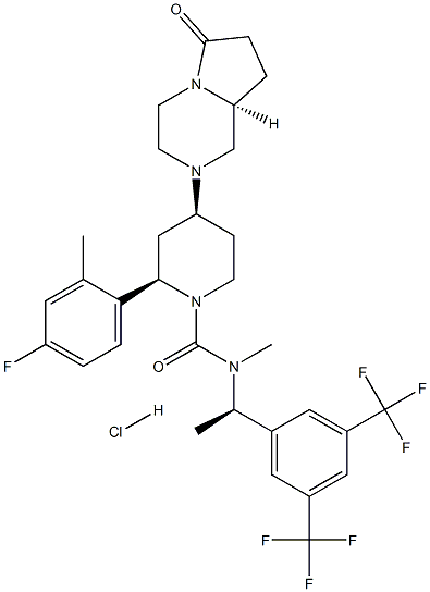 (2R,4S)-N-{(1R)-1-[3,5-bis(trifluoromethyl)phenyl]ethyl}-2-(4-fluoro-2-methylphenyl)-N-methyl-4-[(8aS)-6-oxohexahydropyrrolo[1,2-a]pyrazin-2(1H)-yl]-1-piperidinecarboxamide hydrochloride 化学構造式
