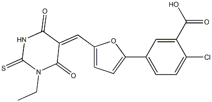 2-chloro-5-{5-[(1-ethyl-4,6-dioxo-2-thioxotetrahydro-5(2H)-pyrimidinylidene)methyl]-2-furyl}benzoic acid Structure