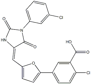 2-chloro-5-(5-{[1-(3-chlorophenyl)-2,5-dioxo-4-imidazolidinylidene]methyl}-2-furyl)benzoic acid,643746-15-0,结构式