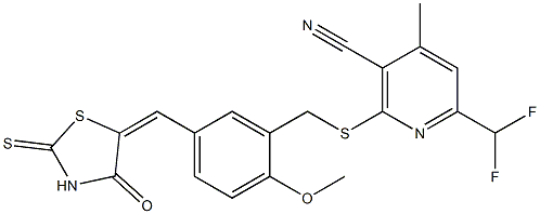 6-(difluoromethyl)-2-({2-methoxy-5-[(4-oxo-2-thioxo-1,3-thiazolidin-5-ylidene)methyl]benzyl}sulfanyl)-4-methylnicotinonitrile Structure