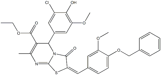 ethyl 2-[4-(benzyloxy)-3-methoxybenzylidene]-5-(3-chloro-4-hydroxy-5-methoxyphenyl)-7-methyl-3-oxo-2,3-dihydro-5H-[1,3]thiazolo[3,2-a]pyrimidine-6-carboxylate,666207-25-6,结构式