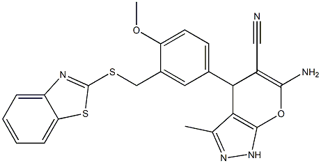 6-amino-4-{3-[(1,3-benzothiazol-2-ylsulfanyl)methyl]-4-methoxyphenyl}-3-methyl-1,4-dihydropyrano[2,3-c]pyrazole-5-carbonitrile 化学構造式