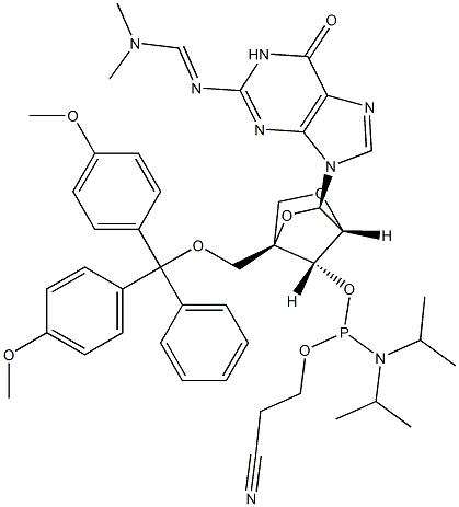 (1R,3R,4R,7S)-1-((双(4-甲氧基苯基)苯基)甲氧基)甲基)-3-(2-(((二甲基氨基)亚甲基)氨基)-6-氧代-3H-嘌呤-9(6H)-基)-2,5-二氧杂双环[2.2.1]庚烷-7-基 (2-氰乙基)二异丙基亚磷酰胺,709641-79-2,结构式
