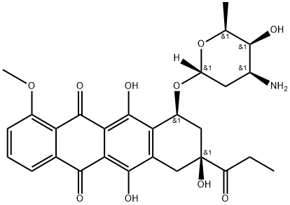 5,?12-?Naphthacenedione, 10-?[(3-?amino-?2,?3,?6-?trideoxy-?α-?L-?lyxo-?hexopyranosyl)?oxy]?-?7,?8,?9,?10-?tetrahydro-?6,?8,?11-?trihydroxy-?1-?methoxy-?8-?(1-?oxopropyl)?-?, (8S-?cis)?- (9CI) Struktur