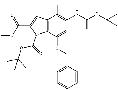 1-TERT-BUTYL 2-METHYL 7-(BENZYLOXY)-5-(TERT-BUTOXYCARBONYLAMINO)-4-IODO-1H-INDOLE-1,2-DICARBOXYLATE,919535-06-1,结构式