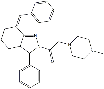 7-benzylidene-2-[(4-methyl-1-piperazinyl)acetyl]-3-phenyl-3,3a,4,5,6,7-hexahydro-2H-indazole Struktur