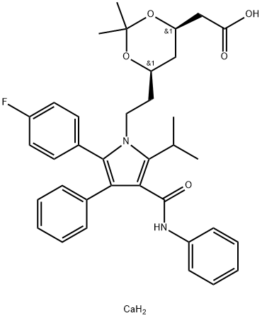 2-((4R,6R)-6-(2-(2-(4-fluorophenyl)-5-isopropyl-3-phenyl-4-(phenylcarbamoyl)-1H-pyrrol-1-yl)ethyl)-2,2-dimethyl-1,3-dioxan-4-yl)acetic acid 化学構造式