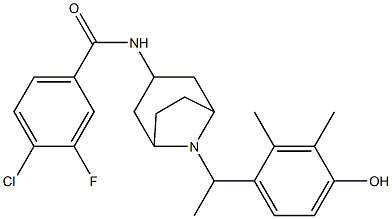 4-CHLORO-3-FLUORO-N-{8-[1-(4-HYDROXY-2,3-DIMETHYL-PHENYL)-ETHYL]-8-AZA-BICYCLO[3.2.1]OCT-3-YL}-BENZAMIDE Struktur