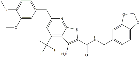 3-amino-N-(1,3-benzodioxol-5-ylmethyl)-6-(3,4-dimethoxybenzyl)-4-(trifluoromethyl)thieno[2,3-b]pyridine-2-carboxamide 结构式