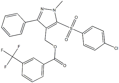 {5-[(4-chlorophenyl)sulfonyl]-1-methyl-3-phenyl-1H-pyrazol-4-yl}methyl 3-(trifluoromethyl)benzenecarboxylate Struktur