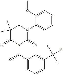 1-(2-methoxyphenyl)-5,5-dimethyl-2-thioxo-3-[3-(trifluoromethyl)benzoyl]hexahydropyrimidin-4-one Structure