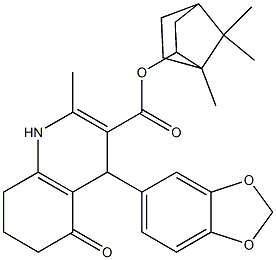 1,4,5,6,7,8-Hexahydro-5-oxo-2-methyl-4-(1,3-benzodioxol-5-yl)quinoline-3-carboxylic acid (1,7,7-trimethylbicyclo[2.2.1]heptan-2-yl) ester,,结构式
