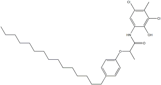 2-[2-(4-ペンタデシルフェノキシ)プロパノイルアミノ]-4,6-ジクロロ-5-メチルフェノール 化学構造式