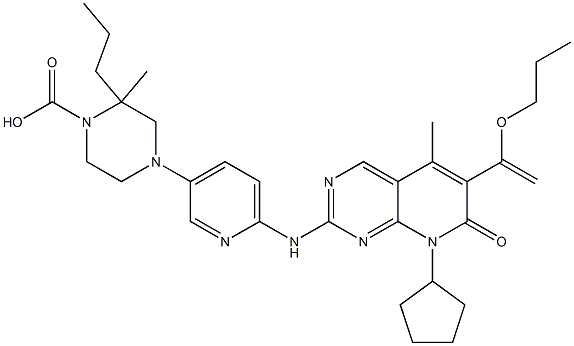 2-甲基-2-丙基-4-(6-{[8-环戊基-5-甲基-7-氧代-6-(1-丙氧乙烯基)-7,8-二氢吡啶并[2,3-D]嘧啶-2-基]氨基}-3-吡啶基)-1-哌嗪甲酸,,结构式