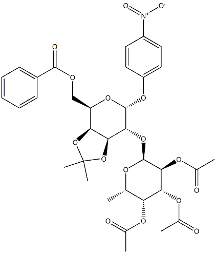 4-Nitrophenyl2-O-(2,3,4-tri-O-acetyl-a-L-fucopyranosyl)-6-O-benzoyl-3,4-O-isopropylidene-a-D-galactopyranoside 化学構造式