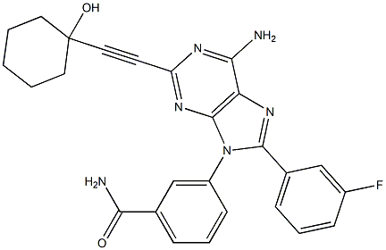 3-(6-amino-8-(3-fluorophenyl)-2-(2-(1-hydroxycyclohexyl)-1-ethynyl)-9H-9-purinyl)benzamide 化学構造式