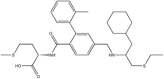 N-(4-(1-cyclohexyl-3-ethylthioprop-2-ylaminomethyl)-2-(2-methylphenyl)benzoyl)methionine 化学構造式