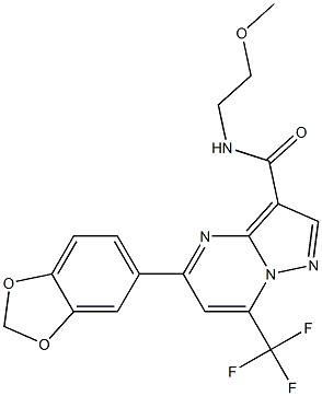 4-benzo[1,3]dioxol-5-yl-N-(2-methoxyethyl)-2-(trifluoromethyl)-1,5,9-triazabicyclo[4.3.0]nona-2,4,6,8-tetraene-7-carboxamide Struktur