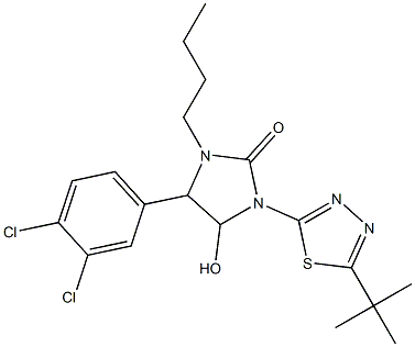 1-butyl-3-[5-(tert-butyl)-1,3,4-thiadiazol-2-yl]-5-(3,4-dichlorophenyl)-4-hydroxyimidazolidin-2-one Struktur