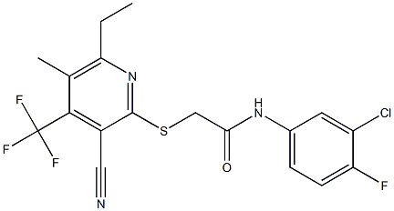 N-(3-chloro-4-fluorophenyl)-2-{[3-cyano-6-ethyl-5-methyl-4-(trifluoromethyl)-2-pyridinyl]sulfanyl}acetamide Struktur