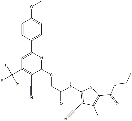 ethyl 4-cyano-5-[(2-{[3-cyano-6-(4-methoxyphenyl)-4-(trifluoromethyl)-2-pyridinyl]sulfanyl}acetyl)amino]-3-methyl-2-thiophenecarboxylate Struktur