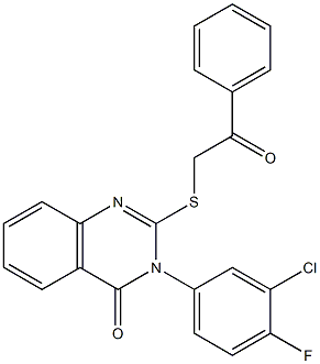 3-(3-chloro-4-fluorophenyl)-2-[(2-oxo-2-phenylethyl)thio]-3,4-dihydroquinazolin-4-one,,结构式