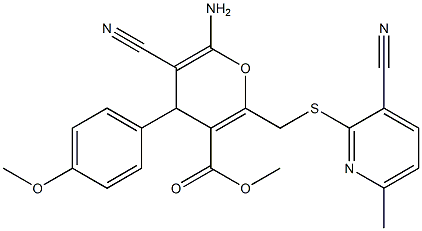 methyl 6-amino-5-cyano-2-{[(3-cyano-6-methyl-2-pyridinyl)sulfanyl]methyl}-4-(4-methoxyphenyl)-4H-pyran-3-carboxylate Struktur