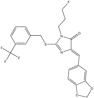 5-(1,3-benzodioxol-5-ylmethylene)-3-(3-fluoropropyl)-2-{[3-(trifluoromethyl)benzyl]sulfanyl}-3,5-dihydro-4H-imidazol-4-one 化学構造式