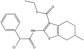 2-(2-Chloro-2-phenyl-acetylamino)-6-methyl-4,5,6,7-tetrahydro-benzo[b]thiophene-3-carboxylic acid ethyl ester 化学構造式