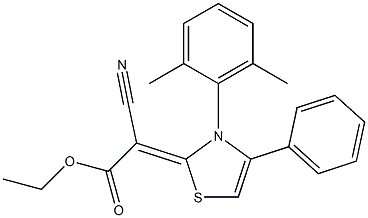 ethyl 2-cyano-2-[3-(2,6-dimethylphenyl)-4-phenyl-2,3-dihydro-1,3-thiazol-2-yliden]acetate Struktur