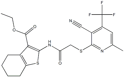 ethyl 2-[(2-{[3-cyano-6-methyl-4-(trifluoromethyl)-2-pyridinyl]sulfanyl}acetyl)amino]-4,5,6,7-tetrahydro-1-benzothiophene-3-carboxylate 化学構造式
