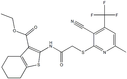 ethyl 2-[(2-{[3-cyano-6-methyl-4-(trifluoromethyl)-2-pyridinyl]sulfanyl}acetyl)amino]-4,5,6,7-tetrahydro-1-benzothiophene-3-carboxylate Struktur