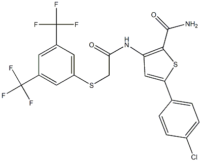 5-(4-chlorophenyl)-3-[(2-{[3,5-di(trifluoromethyl)phenyl]thio}acetyl)amino]thiophene-2-carboxamide 结构式