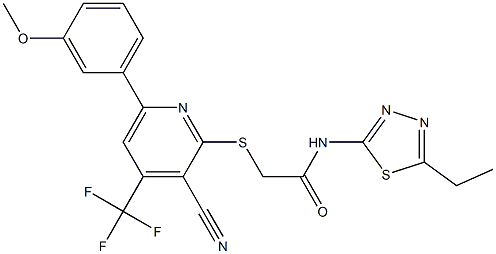 2-{[3-cyano-6-(3-methoxyphenyl)-4-(trifluoromethyl)-2-pyridinyl]sulfanyl}-N-(5-ethyl-1,3,4-thiadiazol-2-yl)acetamide 化学構造式