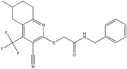 N-benzyl-2-{[3-cyano-6-methyl-4-(trifluoromethyl)-5,6,7,8-tetrahydro-2-quinolinyl]sulfanyl}acetamide Structure