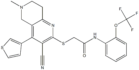 2-{[3-cyano-6-methyl-4-(3-thienyl)-5,6,7,8-tetrahydro[1,6]naphthyridin-2-yl]sulfanyl}-N-[2-(trifluoromethoxy)phenyl]acetamide Struktur