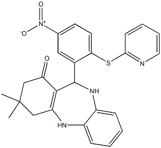 3,3-dimethyl-11-[5-nitro-2-(2-pyridinylsulfanyl)phenyl]-2,3,4,5,10,11-hexahydro-1H-dibenzo[b,e][1,4]diazepin-1-one,,结构式