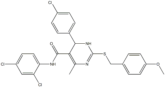 6-(4-chlorophenyl)-N-(2,4-dichlorophenyl)-2-[(4-methoxybenzyl)sulfanyl]-4-methyl-1,6-dihydro-5-pyrimidinecarboxamide,,结构式