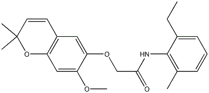 N1-(2-ethyl-6-methylphenyl)-2-[(7-methoxy-2,2-dimethyl-2H-chromen-6-yl)oxy]acetamide 化学構造式