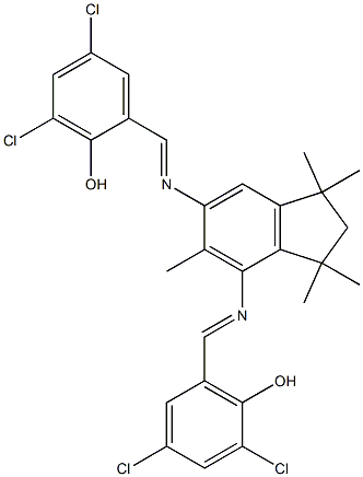 2,4-dichloro-6-[({6-[(3,5-dichloro-2-hydroxybenzylidene)amino]-1,1,3,3,5-pentamethyl-2,3-dihydro-1H-inden-4-yl}imino)methyl]phenol Structure