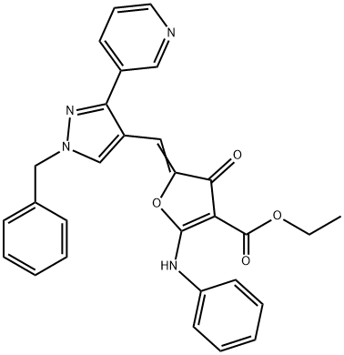 3-Furancarboxylic  acid,  4,5-dihydro-4-oxo-2-(phenylamino)-5-[[1-(phenylmethyl)-3-(3-pyridinyl)-1H-pyrazol-4-yl]methylene]-,  ethyl  ester 化学構造式