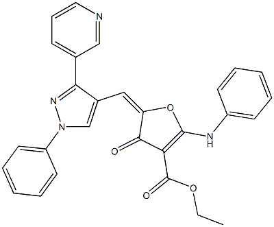 3-Furancarboxylic  acid,  4,5-dihydro-4-oxo-2-(phenylamino)-5-[[1-phenyl-3-(3-pyridinyl)-1H-pyrazol-4-yl]methylene]-,  ethyl  ester Structure