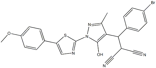 2-((4-bromophenyl){5-hydroxy-1-[5-(4-methoxyphenyl)-1,3-thiazol-2-yl]-3-methyl-1H-pyrazol-4-yl}methyl)malononitrile Struktur