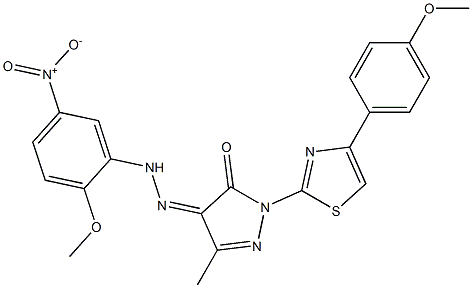 1-[4-(4-methoxyphenyl)-1,3-thiazol-2-yl]-3-methyl-1H-pyrazole-4,5-dione 4-({5-nitro-2-methoxyphenyl}hydrazone),,结构式