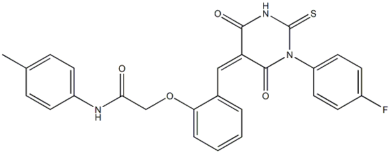 2-{2-[(1-(4-fluorophenyl)-4,6-dioxo-2-thioxotetrahydropyrimidin-5(2H)-ylidene)methyl]phenoxy}-N-(4-methylphenyl)acetamide 化学構造式