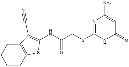 2-[(4-amino-6-oxo-1,6-dihydro-2-pyrimidinyl)sulfanyl]-N-(3-cyano-4,5,6,7-tetrahydro-1-benzothien-2-yl)acetamide 结构式