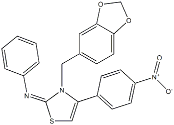 3-(1,3-benzodioxol-5-ylmethyl)-4-{4-nitrophenyl}-2-(phenylimino)-2,3-dihydro-1,3-thiazole 结构式