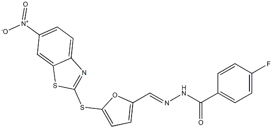 4-fluoro-N'-{[5-({6-nitro-1,3-benzothiazol-2-yl}sulfanyl)-2-furyl]methylene}benzohydrazide,,结构式